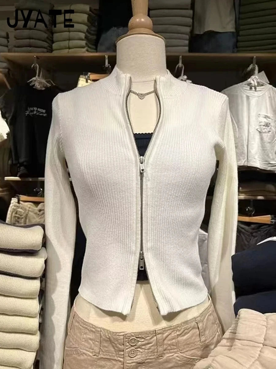 Sweet Slim Knitted Crop Tops Women Casual Cotton Soft O-neck Double Zipped Jumpers Coat Vintage Chic Basic Y2K Cardigan Sweaters