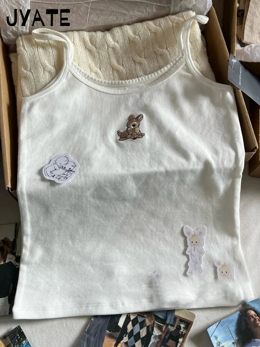 Little Bear Embroidery U-neck Tank Tops Women Summer Cotton Streetwear White Casual Cropped Vest Sweet Cute Vintage Camisole Y2K