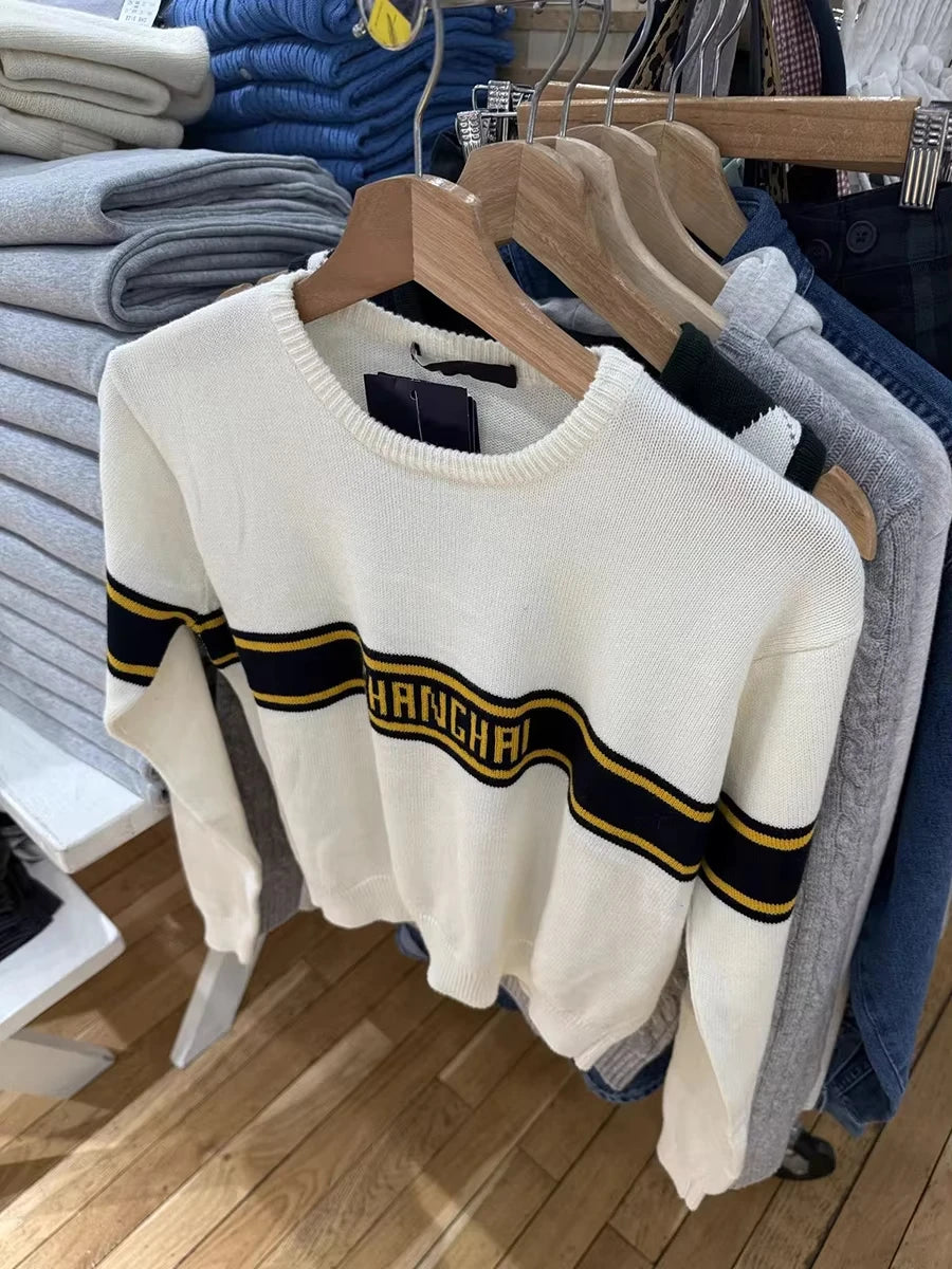 Letter Jacquard Sweaters Woman Spring Crew Neck Long Sleeve Cotton Jumper Female Casual Sweet Preppy Style Pullovers