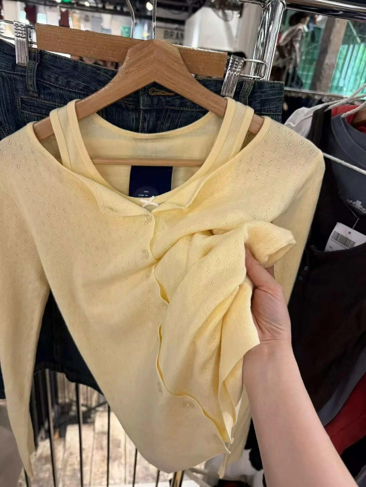 Eyelet Yellow Knitted Cardigan Tops Women Autumn New Casual Cotton Long Sleeve Sweater Sweet Cute Preppy Style T-shirts Coat