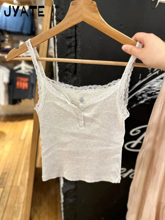 Gray Cotton Ribbed Slim Tank Tops Women Summer Lace Trim Buttons Casual Simple Sleeveless Vests Sweet Girls Cute Basic Camisole