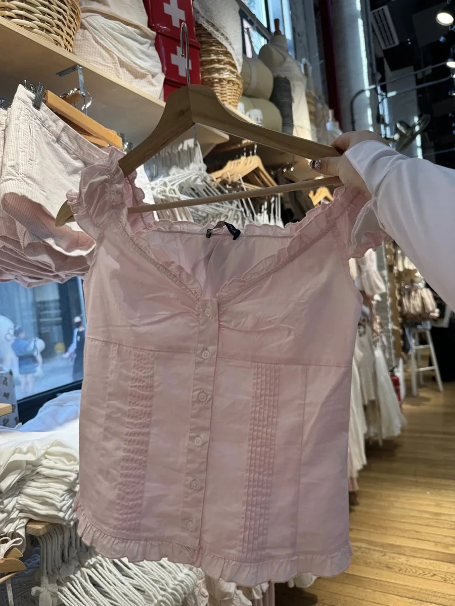 Sweet Pink Folds Blouse Top Women Summer Casual Single Breasted Ruffle Sleeveless Tank Tops Vest Female Cute Preppy Style Camis