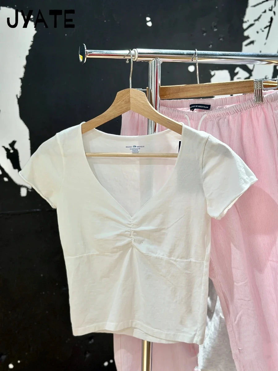 Simple Basic White Shirred V-neck T-shirts Women New Cotton Raw Hem Casual Sexy Short Sleeve Tee Sweet Vintage Chic Crop Top Y2K