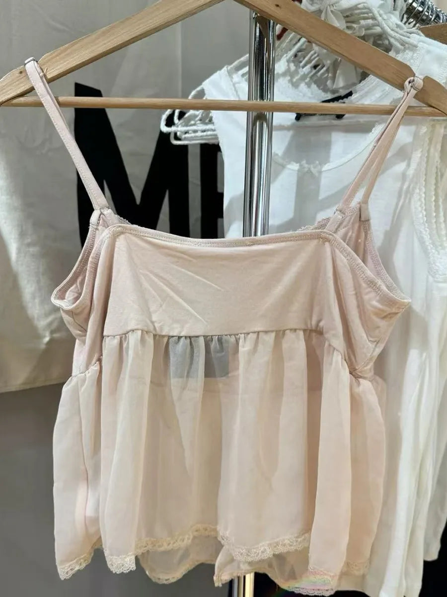 Pink Square Neck Halter Strap Camisole Women Summer Cotton Lace Trim See-through Sleeveless Vests Sweet Vintage Chic Tank Tops