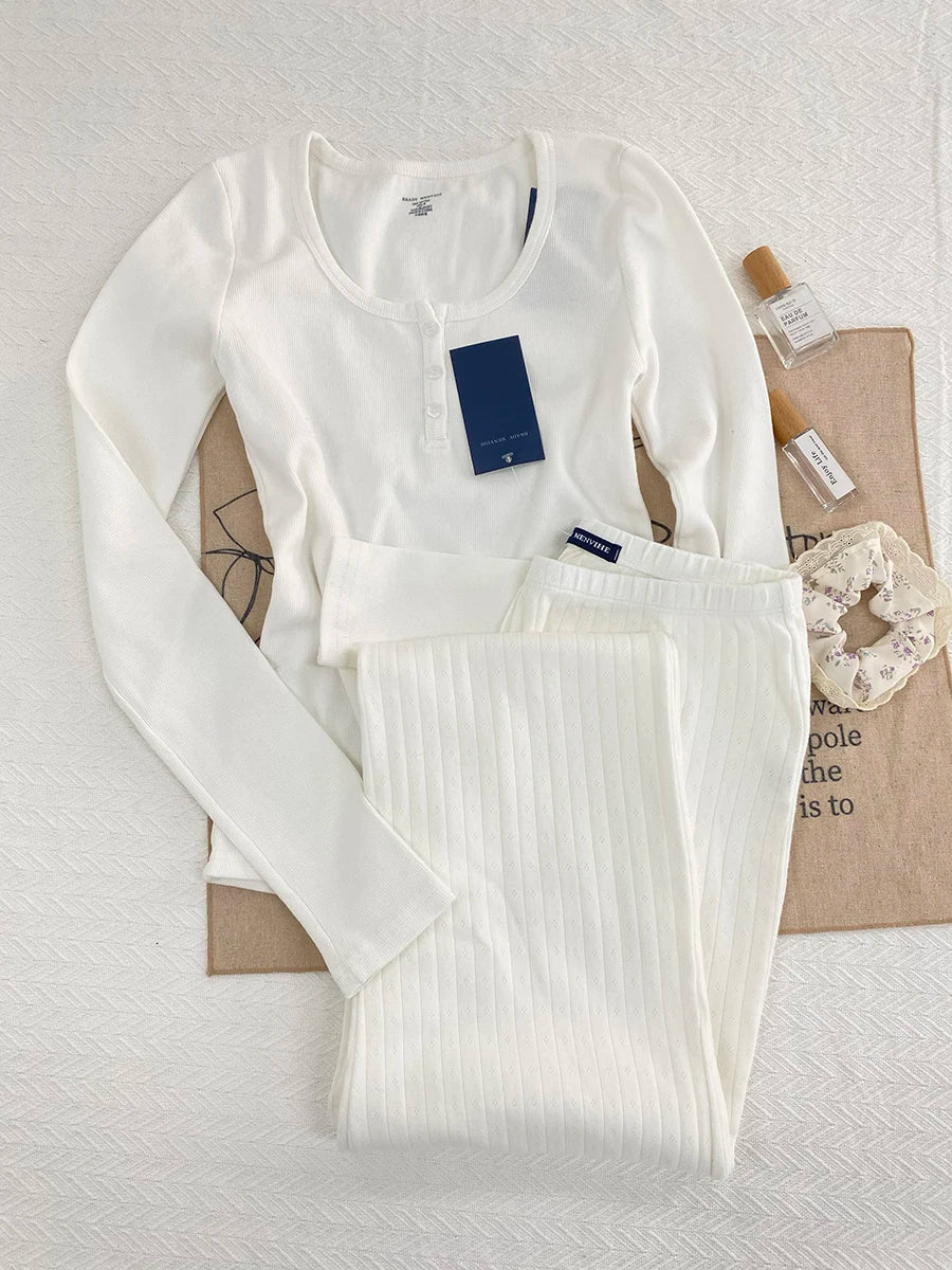 Gray Cotton Eyelet 2 Piece Sets Women New Buttons Long Sleeve Tee+Elastic Waist Straight Trousers Home T-shirt Pant Pajama Set