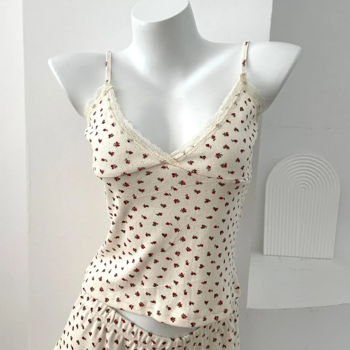 V-neck Floral Print Tank Tops Women Summer New Lace Trim Bow Casual Pajama Sleeveless Vests Sweet Cute Preppy Style Camisole Y2K