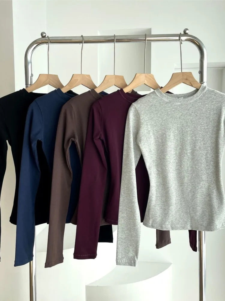 Solid Skinny Cotton T-shirt Women Casual Simple All-match O-neck Yoga Long Sleeve Tees Female Elegant Sweet Basic Sport T-shirts