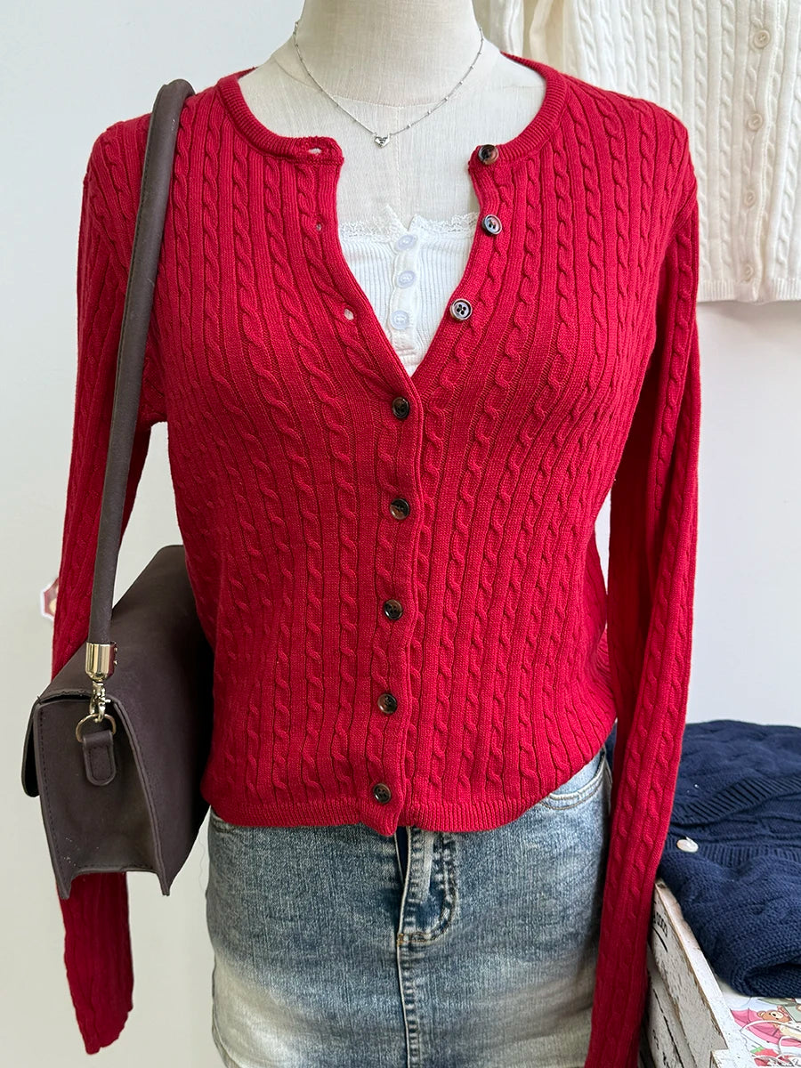Brown Twsit Cardigan Women Spring Simple Casual Cotton Slim Button Long Sleeve Sweater Vintage Chic Preppy Style Sweaters Y2K
