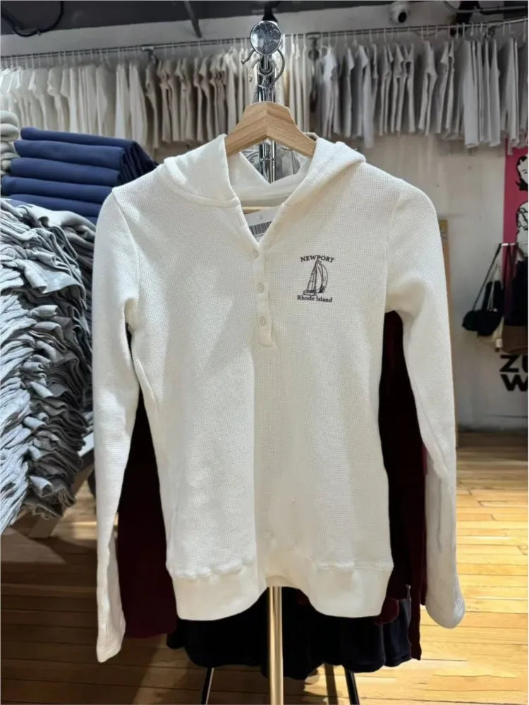 White Buttons Long Sleeve T-Shirts Women Waffle Casual Streetwear O-Neck Loose Hoodies Tops Vintage Sweet Preppy Style Tees Y2K