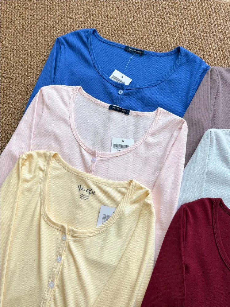 Yellow Ribbed Buttons T-shirt Women Buttons O-Neck Cotton Slim Long Sleeve Tee Cute Vintage Preppy Style Sweet T Shirt Y2K Top