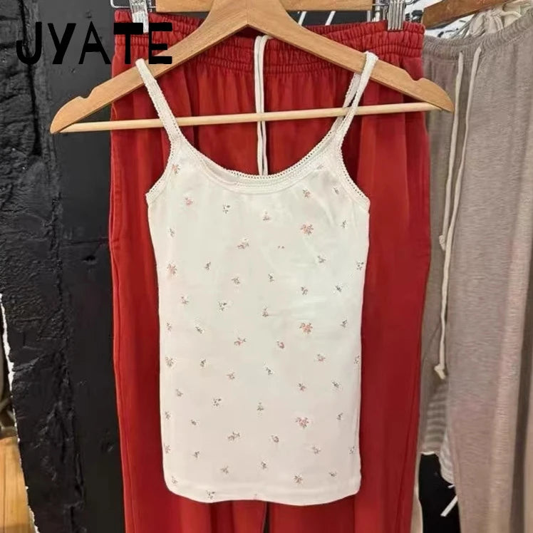 Pink Floral Print Lace Trim Tank Tops Women Summer New Cotton Bow Casual Chic Simple Camisole Girl Sweet Cute Vintage Vests Y2K