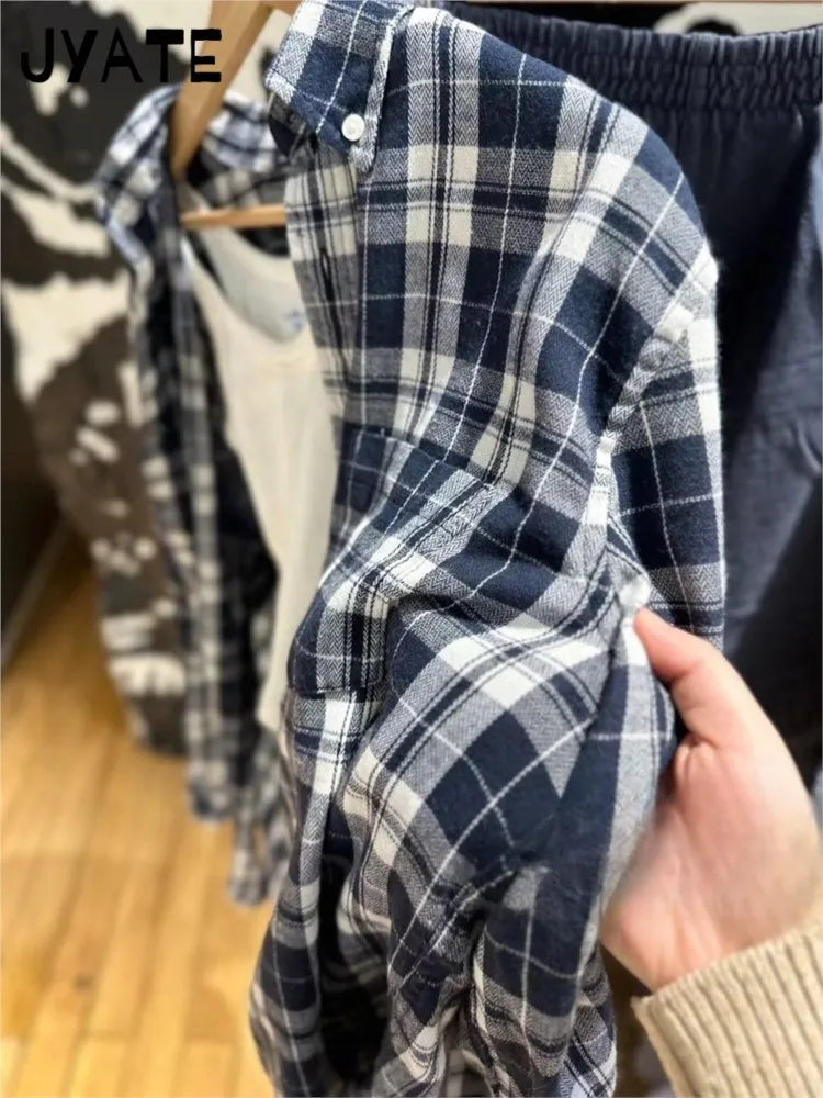Navy Plaid Long Sleeve Tees Blouse Women New Loose Casual Single-breasted Lapel Tops American Vintage Chic Simple T-shirts Y2K
