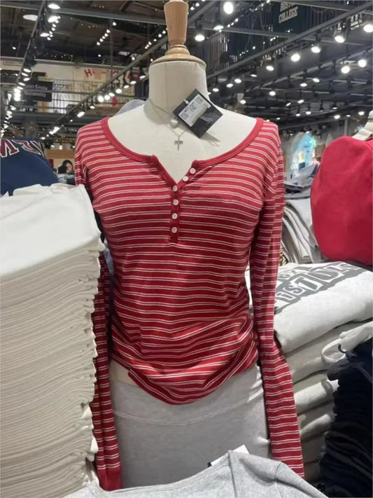 Autumn Red Striped Patchwork Long Sleeve Tees Women Casual Chic Cotton Buttons T-shirt Sweet Preppy Style Slim Tshirt Y2K Tops