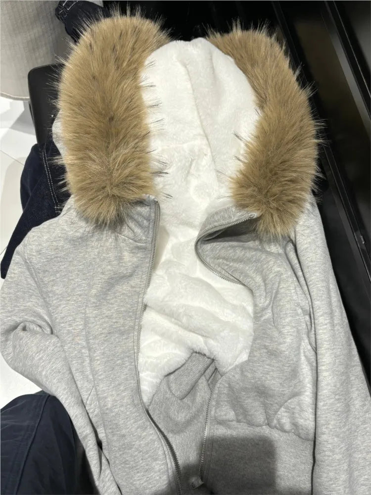 Fleece Lined Plush Hooded Coat Women Autumn Casual Slim Pocket Cotton Warm Fur Collar Crop Tops Sweet Preppy Style Chic Cardigan