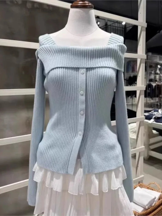 Off-the-shoulder Knitted Sweater Women Spring Streetwear Sexy Button Jumper Blue Sweet Preppy Style Sweaters Y2K