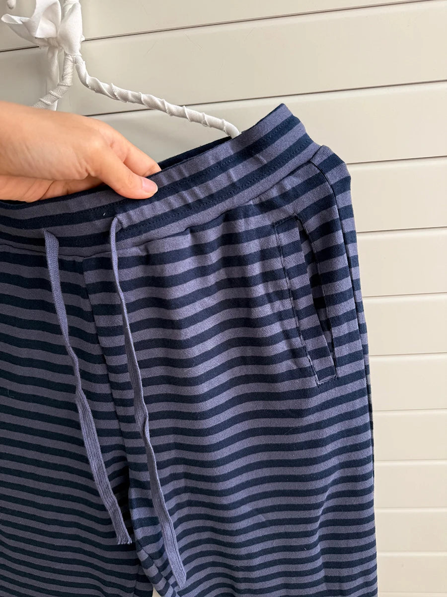 Vintage Buttons 2 Piece Sets Women Navy Striped Cotton Long Sleeve Tee Straight Trousers Home Sweet T-shirt Pant Pajama Set Y2K