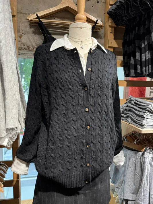 Autumn New Black Knit Twist Sweater Coat Women Casual Slim Cotton O-neck Button Casual Jumper Tops Preppy Style Chic Cardigan