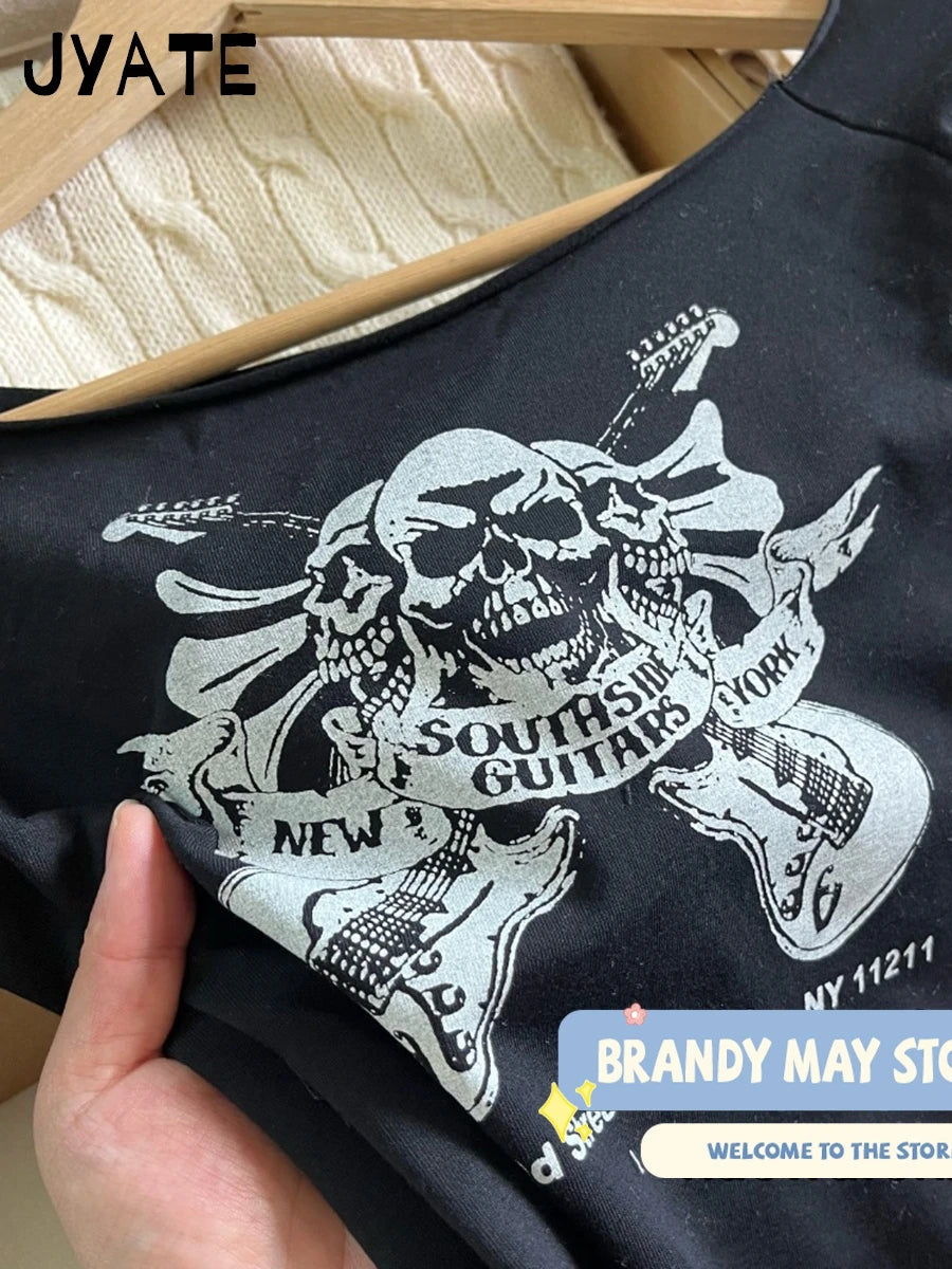 Harajuku Skull Print Long Sleeve Tees Women New Casual Slim Slash Neck Raw Hem Crop Tops Vintage Chic Streetwear T-shirts Y2K