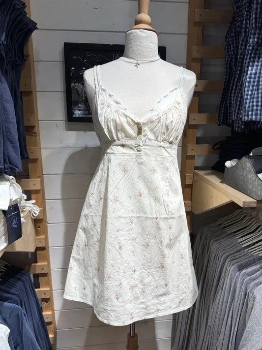 Floral Print Lace Trim V-neck Mini Dress Women Summer Casual Buttons A-line Short Vestidos Cute Sweet Preppy Style Y2K Dresses