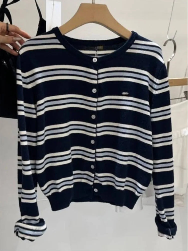 Classic Striped Knitted Cardigan Women's Autumn Round Neck Cotton Soft Design Button Sweater Vintage Sweet Preppy Style Sweaters
