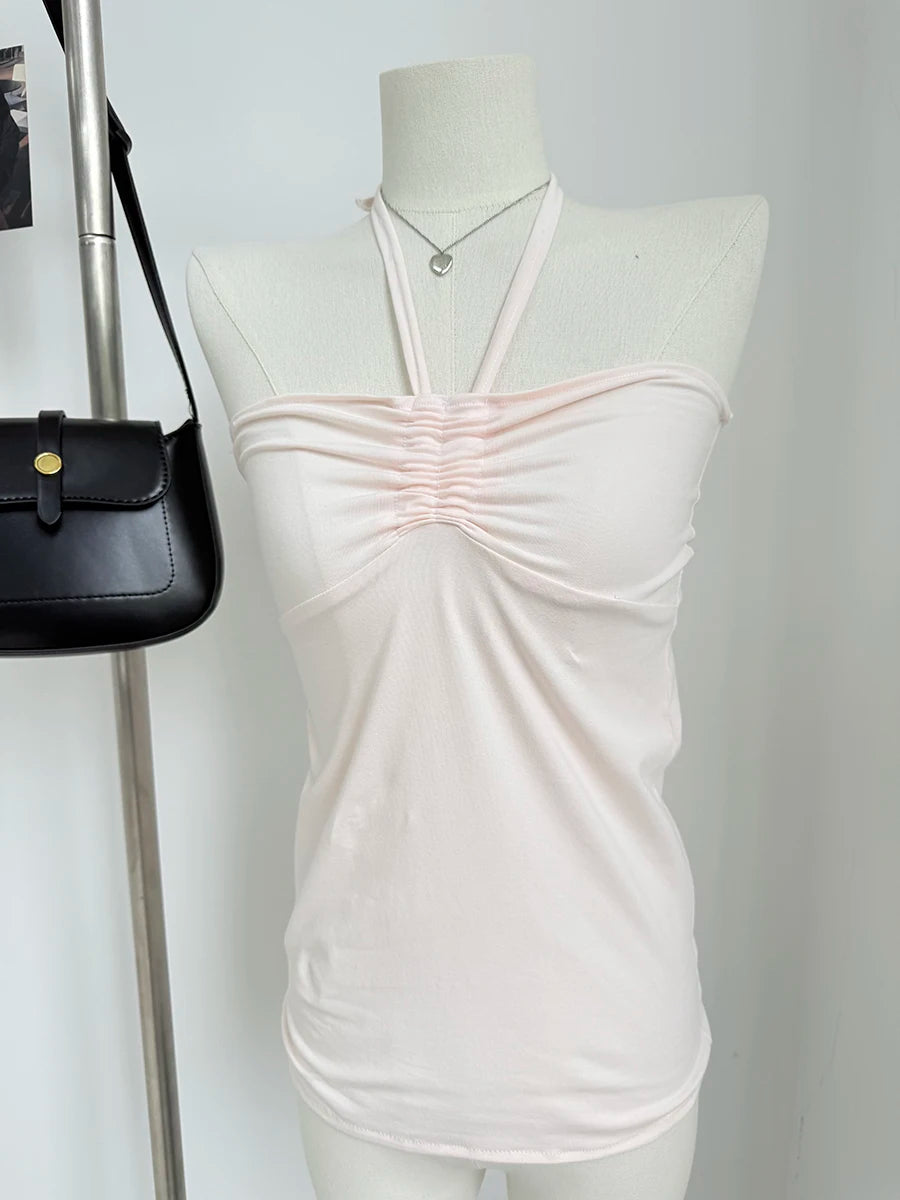 Black Drawstring Folds Strapless Tank Top Women New Summer Cotton Slim All-match Camis Sweet Harajuku Preppy Style Vest Y2K Tops