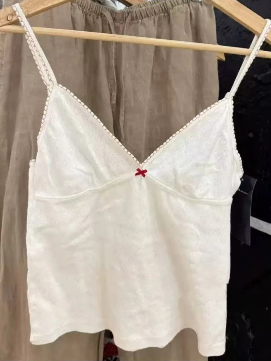 Pink Lace Trim V-neck Bow Tank Tops Women Summer New Casual Cotton Slim Sleeveless Bow Camisole Sweet Cute Preppy Style Crop Top