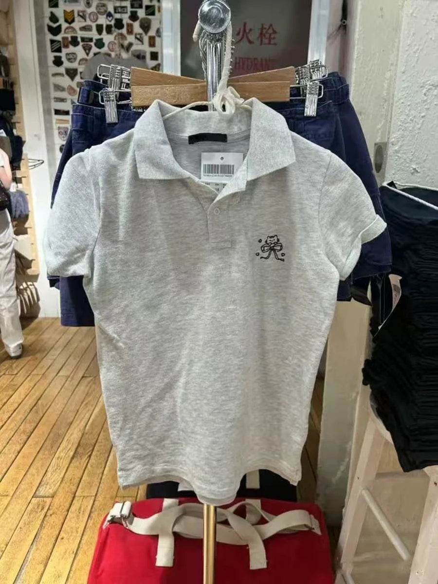 Bow Cat Embroidery Polo T-shirt Women Summer Gray Cotton Turn Down Collar Short Sleeve Tees Vintage Sweet Preppy Style T Shirt