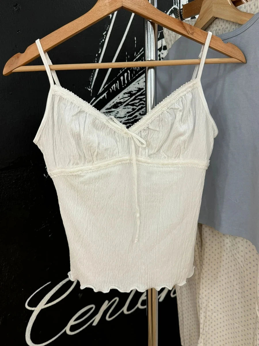 Vintage Solid Folds V-neck Tank Tops Women Summer Casual Slim Lace-up Sleeveless Vests Cute Preppy Style Simple Camisole Y2K