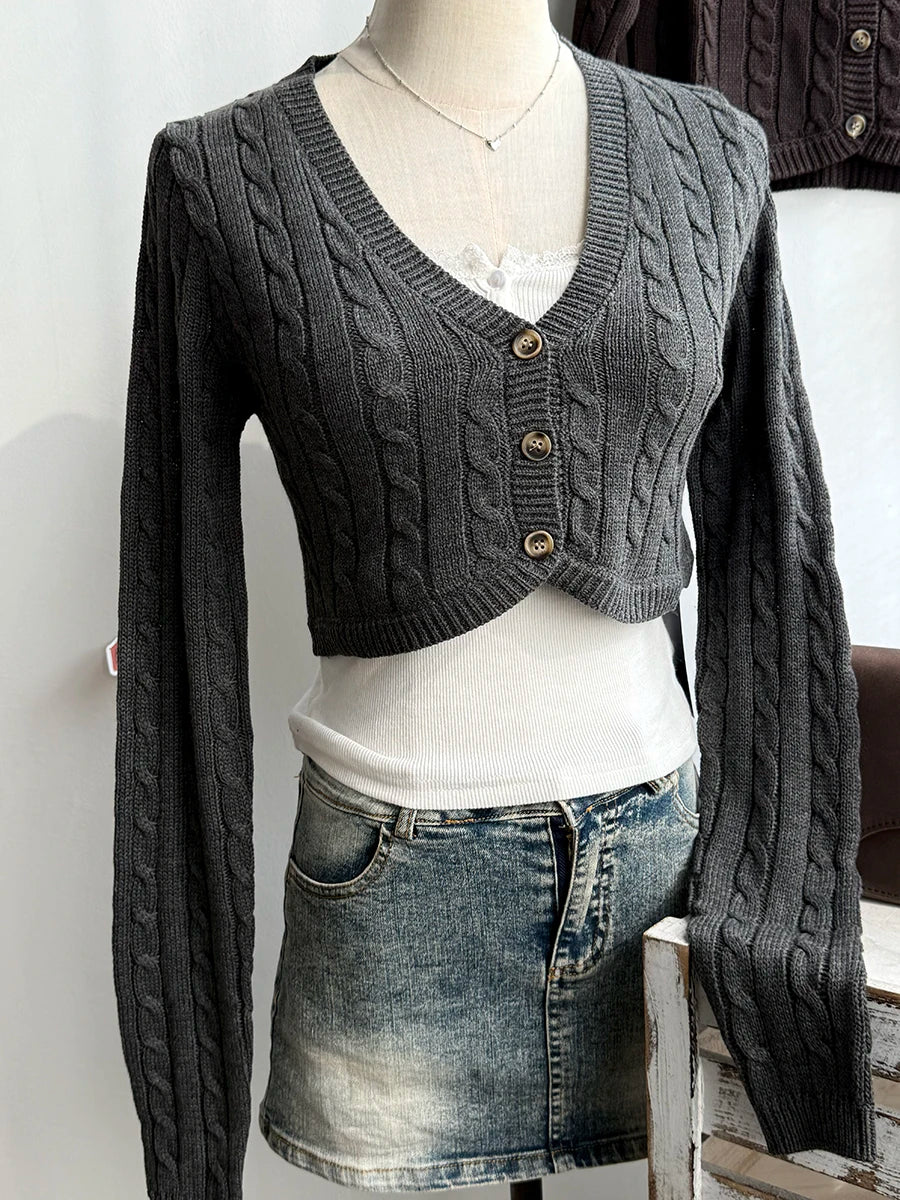 Cropped Knitwear Women Cotton Twisted Flower V-neck Long Sleeve Slim Crop Tops Sweater Vintage Chic Sweater Cardigan