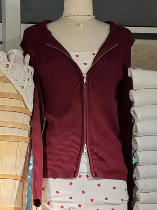 Burgundy Knitted Hoodies Tops Women Autumn New Casual Cotton Double Zipped Jumpers Coat Vintage Chic Basic Cardigan Sweaters Y2K
