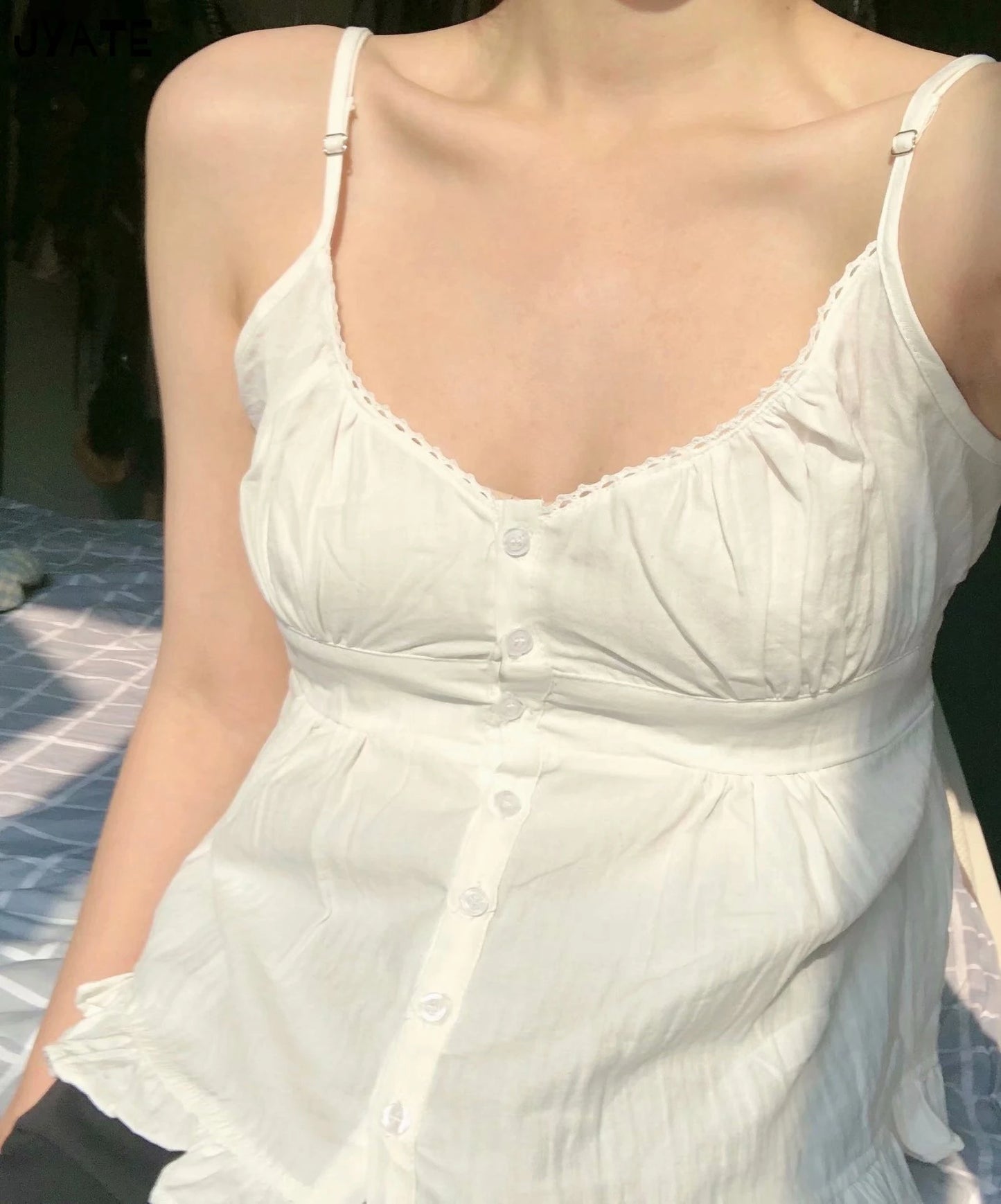 Retro White Lace Trim Blue Plaid Tank Tops Women New Buttons Back Lace-up Sleeveless Vests Vintage Chic Sweet Blouse Camis Y2K