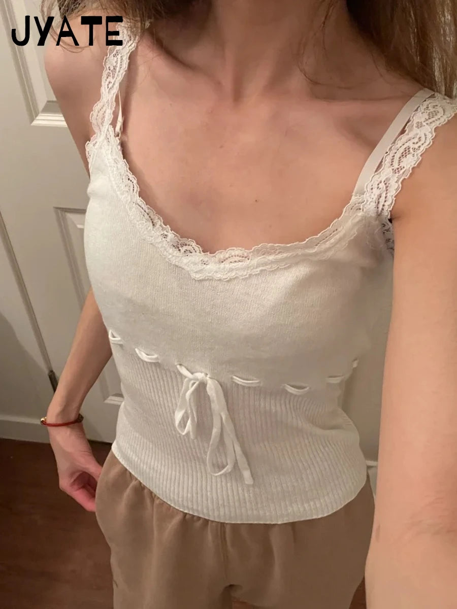 Sweet White Lace Trim Drawstring Knit Tank Tops Women Summer New Simple Cotton Slim High Waist Camis Cute Vintage Chic Vests Y2K