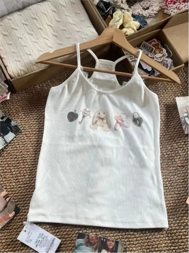 Cute Graphic Print Ribbed Slim Camisole Woman Summer Lace Trim U Collar Cotton Tank Tops Female Sweet Fairycore Crop Top OOTDS