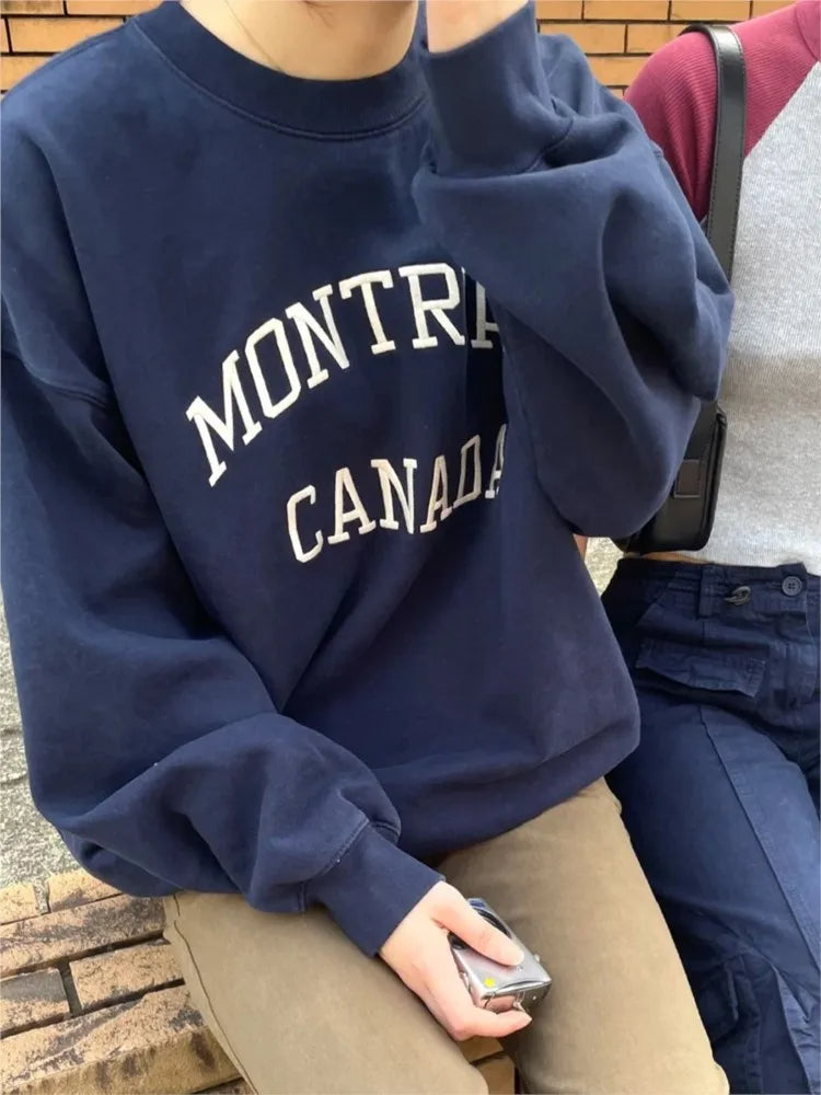 Streetwear Letter Embroidery Sweatshirt Women Loose O-neck Cotton Long Sleeve Hoodie Vintage American Oversized Sweatshirts Tops