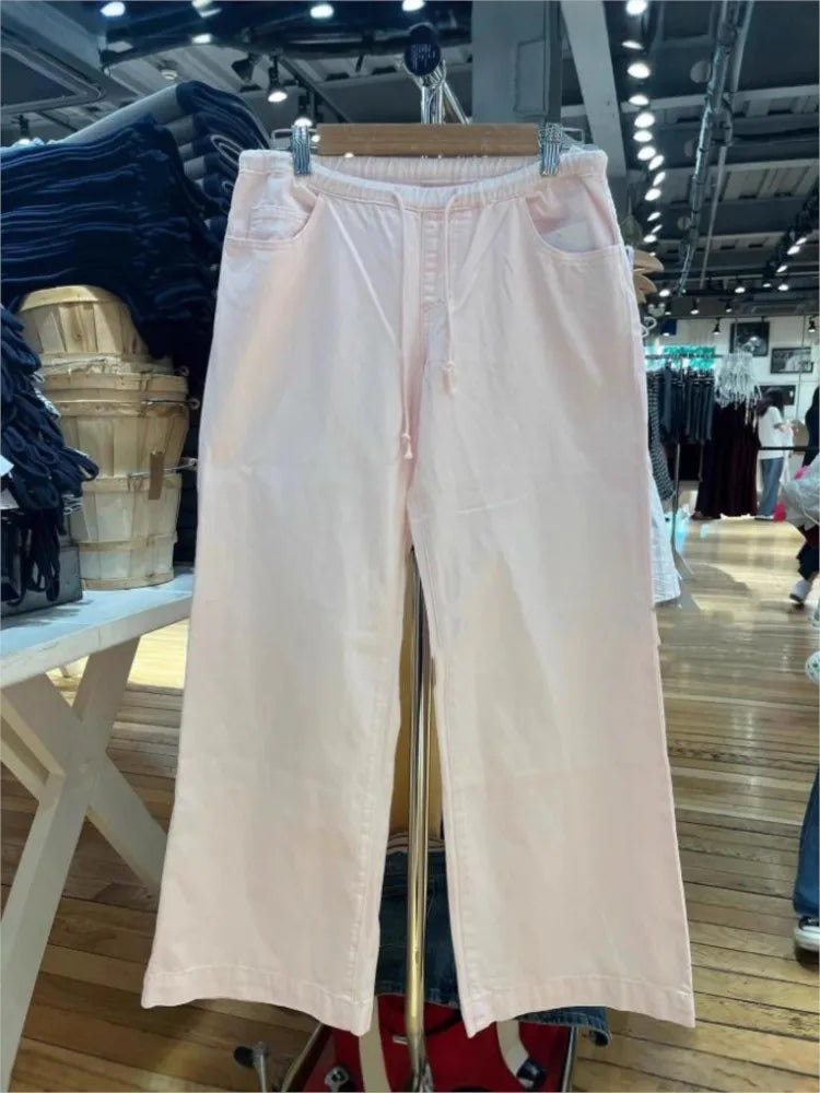 Pink Sweet Drawstring Loose Pants Women New Sexy Low Waist Pockets Straight Long Pant Baggy Cute Preppy Style Chic Trousers Y2K