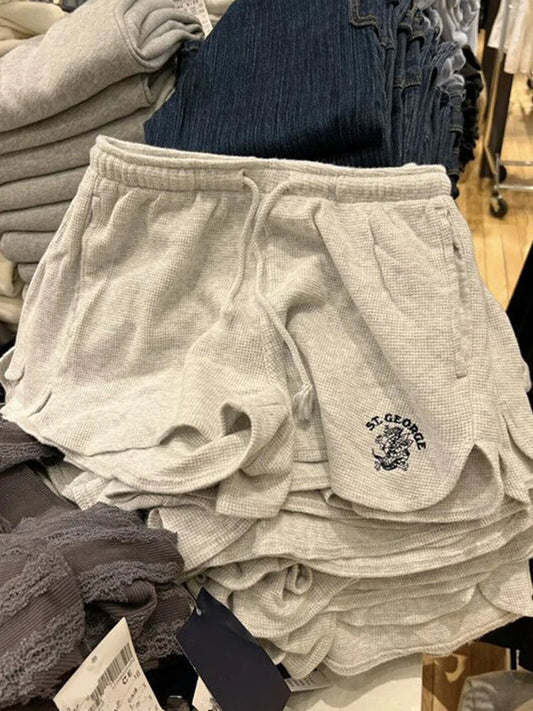 Retro Dragon Embroidery Gray Shorts Women Summer Waffle Lace-up Elastic High Waist Casual Sweatshorts Vintage Chic Y2K Bottoms