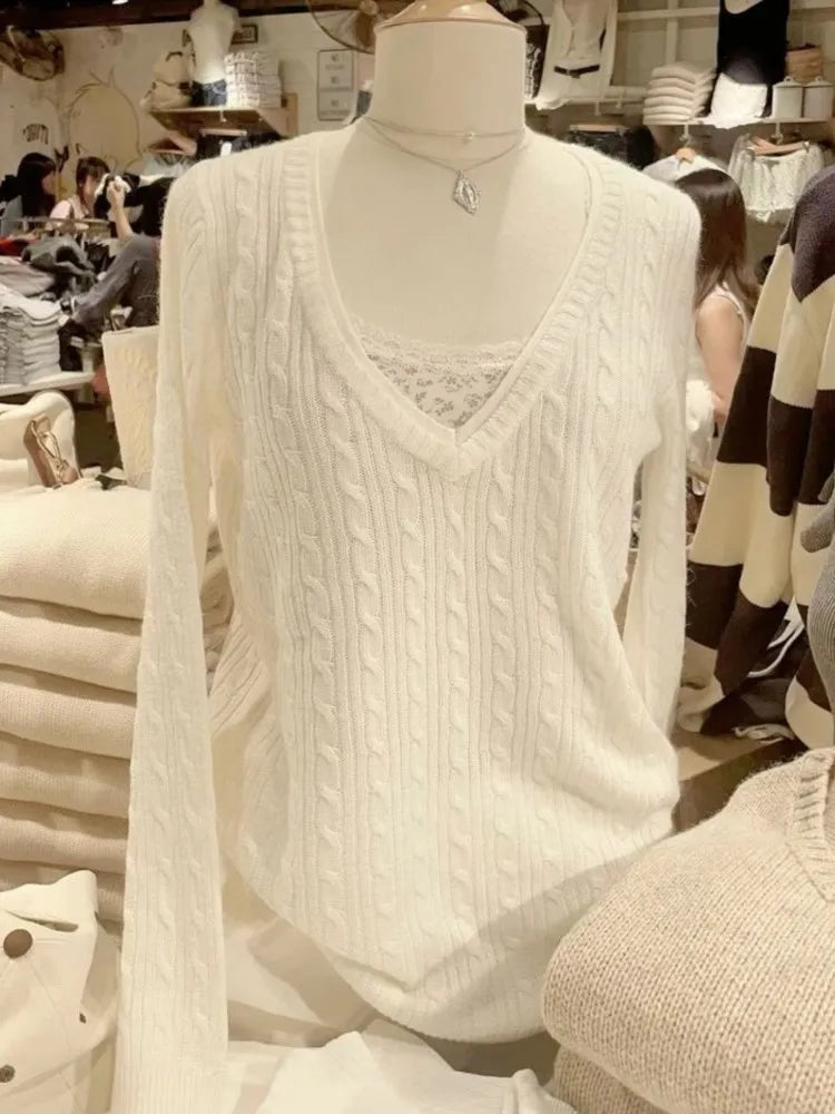 Twisted Flower Thin Knitted Sweater Women Spring Beige Raw Hem V-Neck Long Sleeve Jumpers Sweet Cute Preppy Style Sweater Top