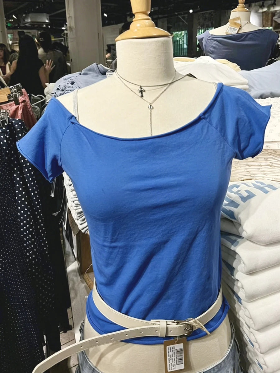 Electric Blue Slash Neck Crop Tops Women Simple All-match Cotton Slim Raw Hem T-shirts Vintage Preppy Style Cropped Tees New