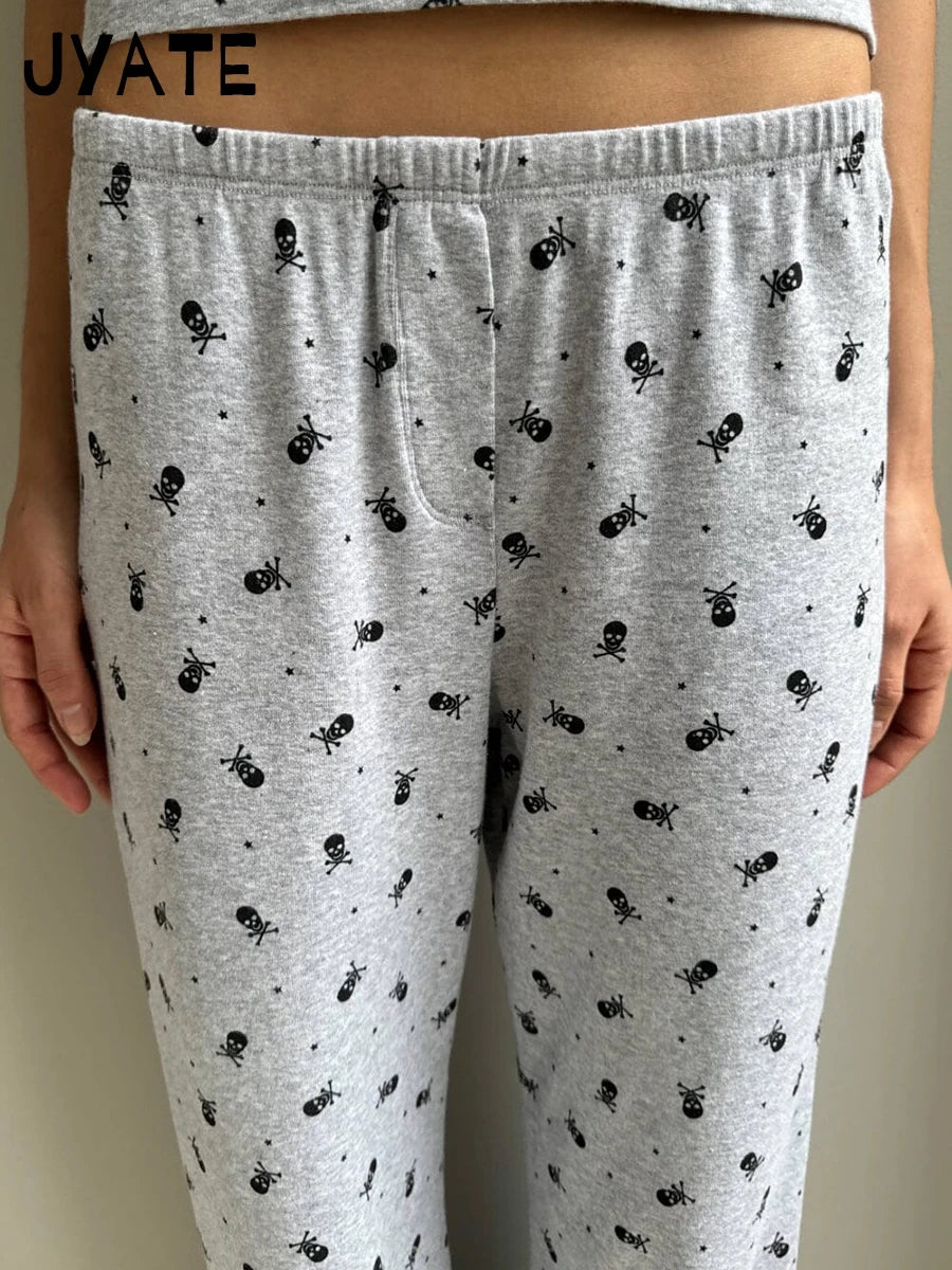 Skull Print Cotton Soft Long Pants Women New Harajuku Casual Elastic High Waist Pajama Straight Pant Vintage Chic Y2K Trousers