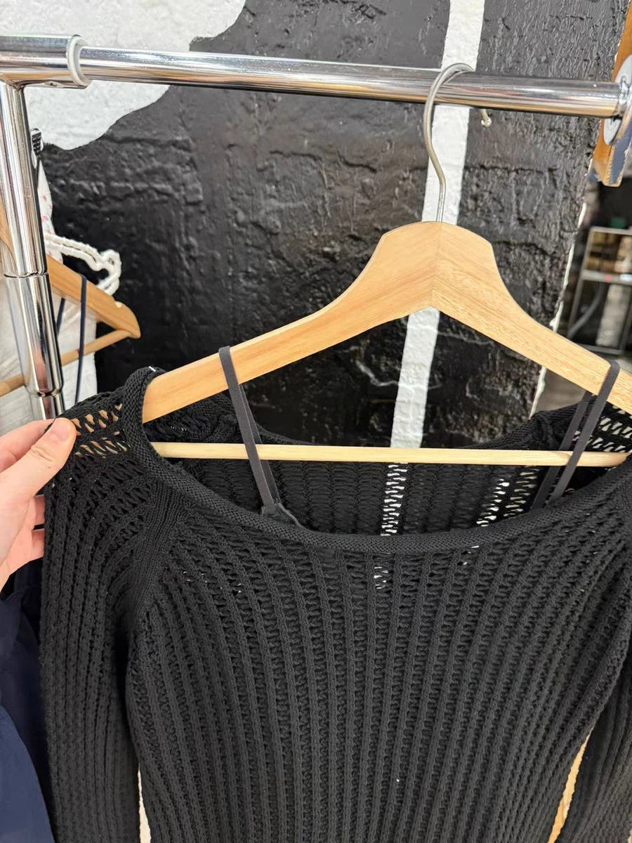Black Hollow Out Slim Long Sleeve Tee Women Summer New Scoop Neck Transparent Smock American Tops Cute Vintage Sexy Y2K T-shirts