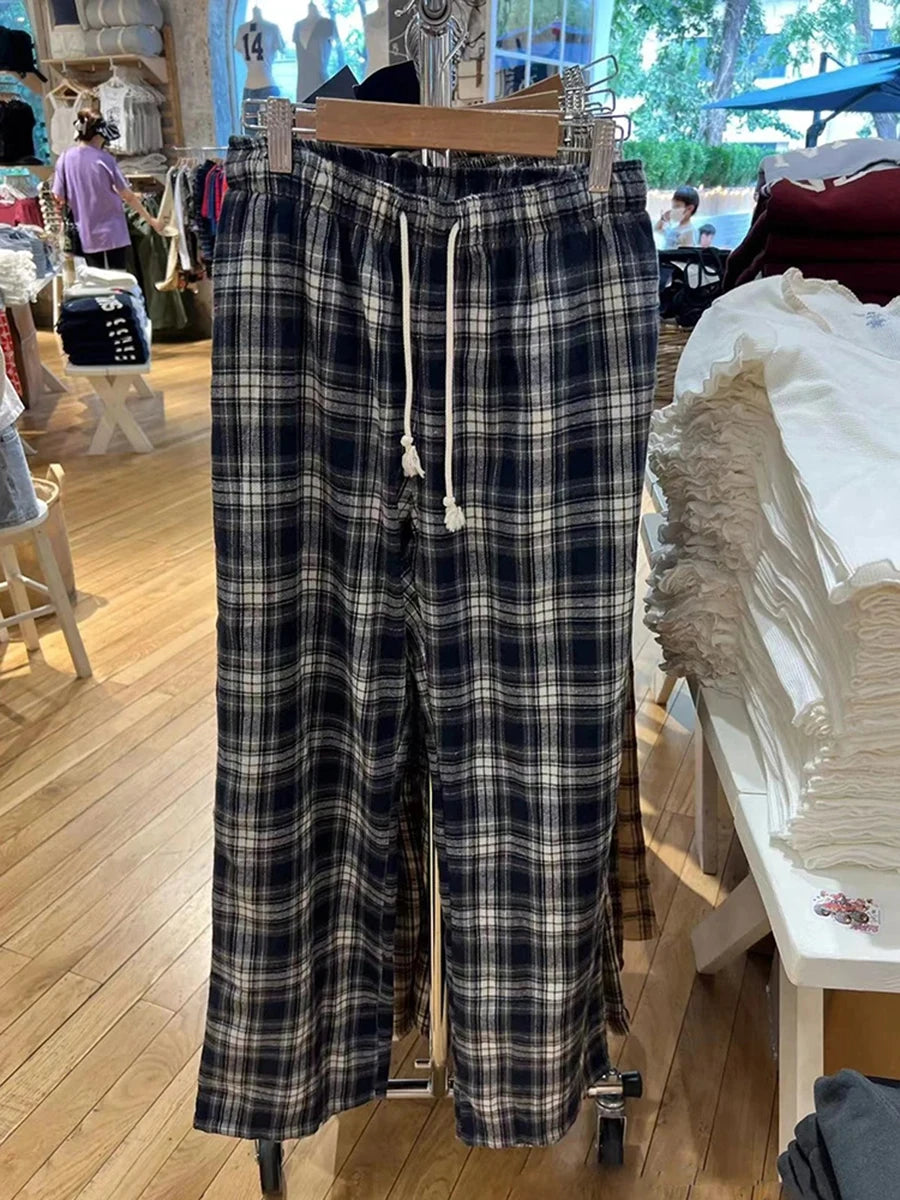 Retro Red Plaid Drawstring Straight Pants Women Autumn Cotton Casual Elastic High Waist Pant Vintage Loose Y2K Baggy Sweatpants