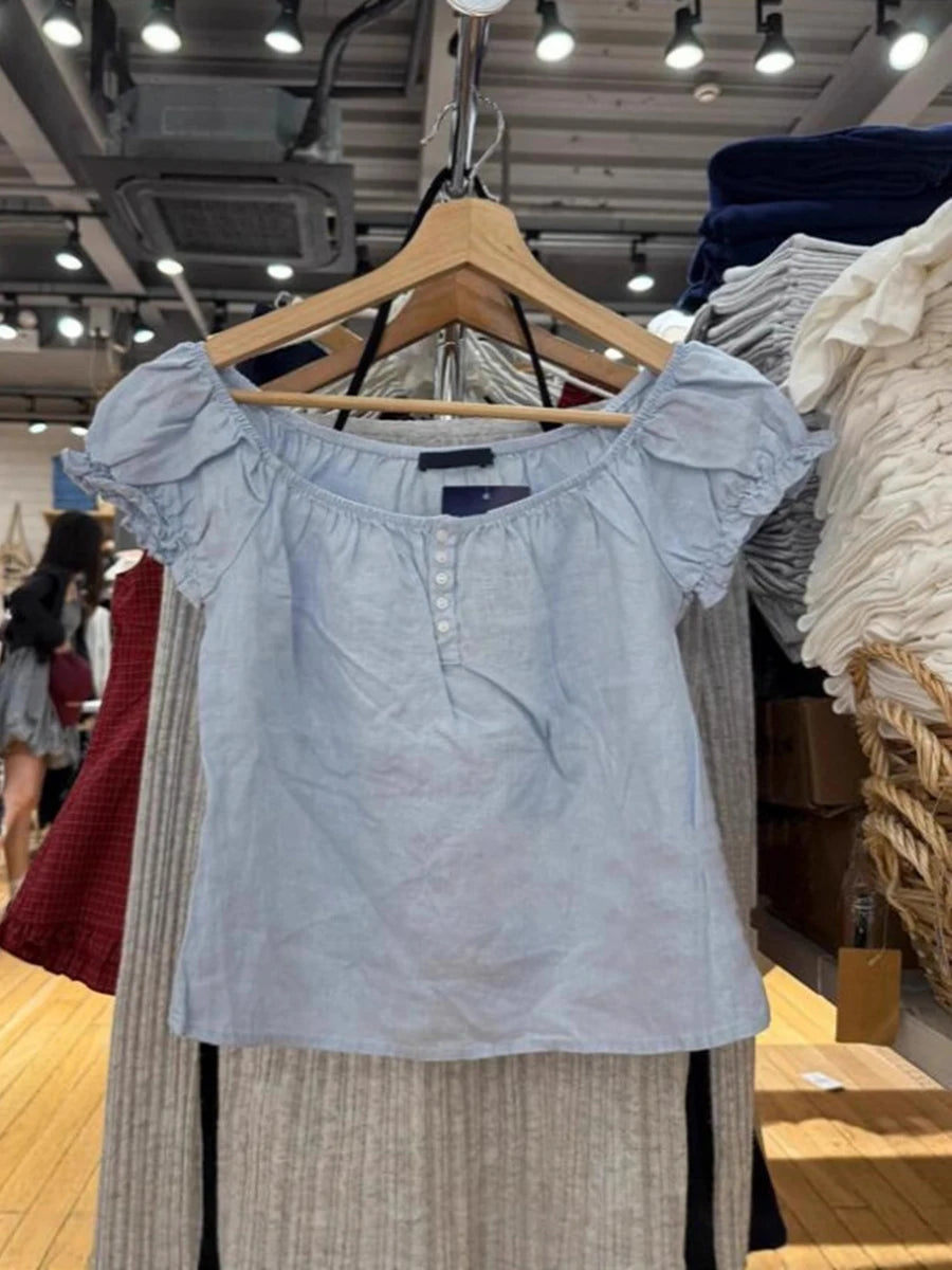 White 5 Buttons Lace-up Ruffles Sleeve Tees Women Summer Casual Flax Cotton U-neck Tops Sweet Preppy Style Cute T-shirts New Y2K