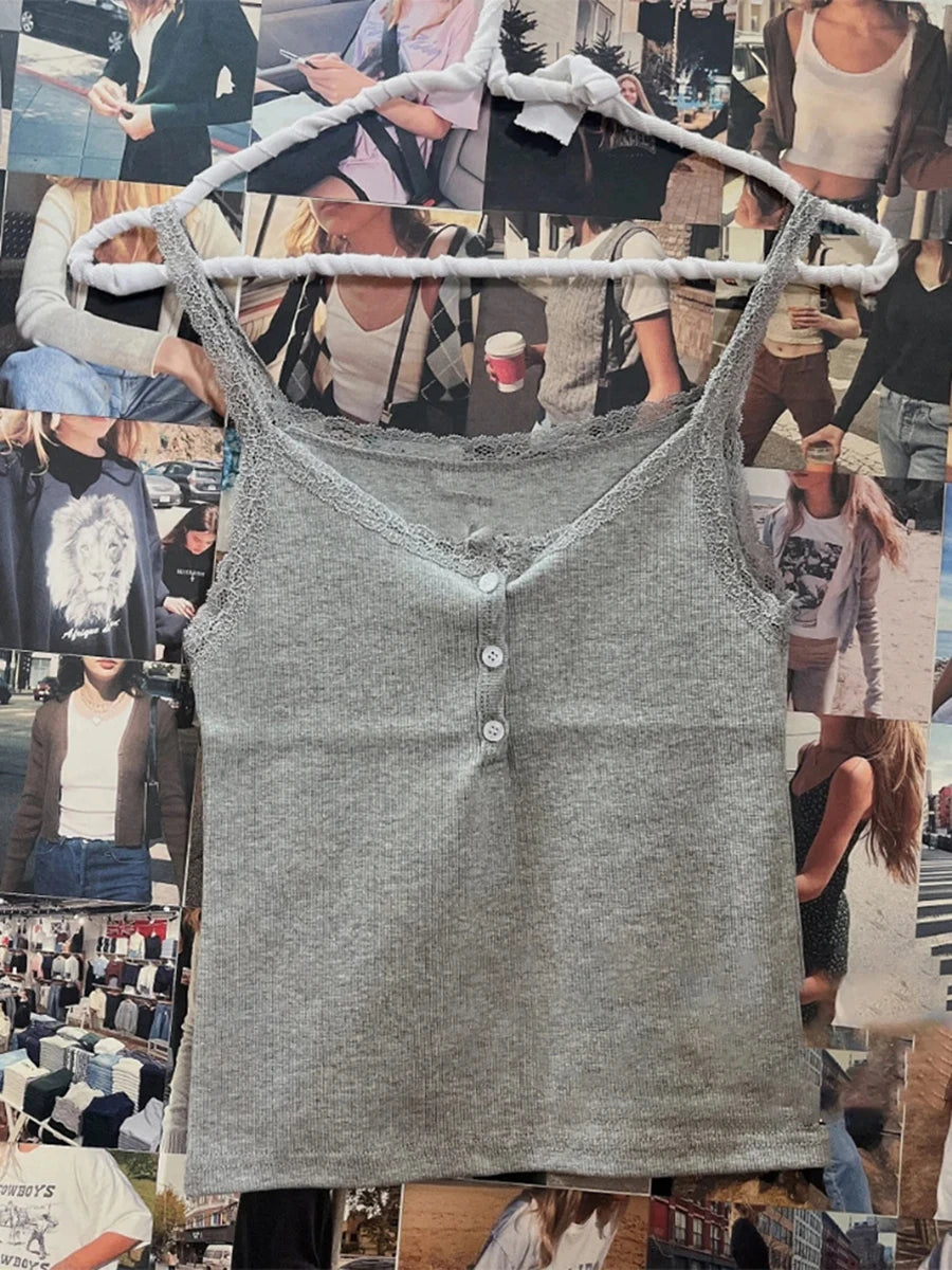 White Lace Trim Patchwork Sleeveless Vest Women New Buttons Cotton Ribbed Basic Tank Tops Female Sweet Chic Vintage Camisole Y2K
