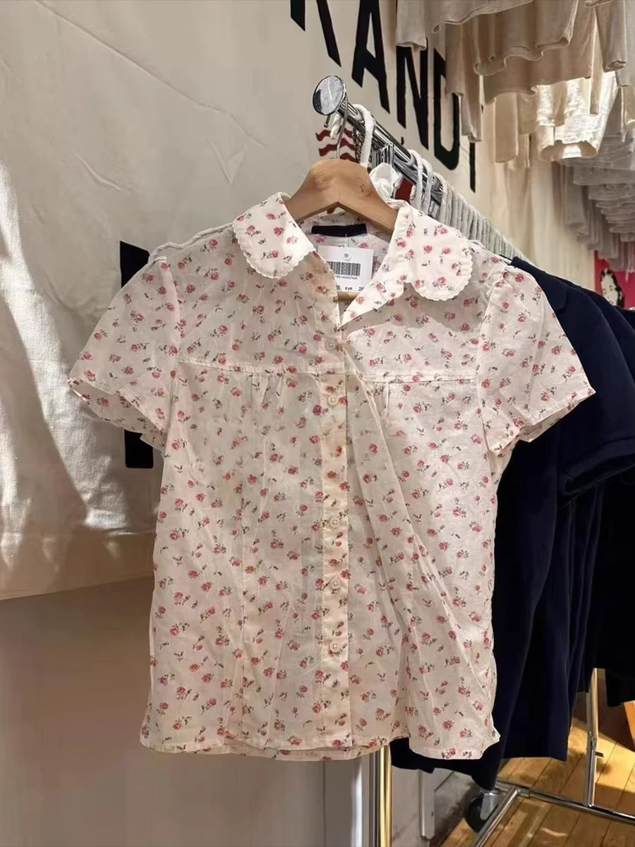 Red Floral Slim T-shirt Blouse Woman New Casual Turn-Down Collar Single Breasted Short Sleeve Tees Vintage Sweet Cute Tshirt Top