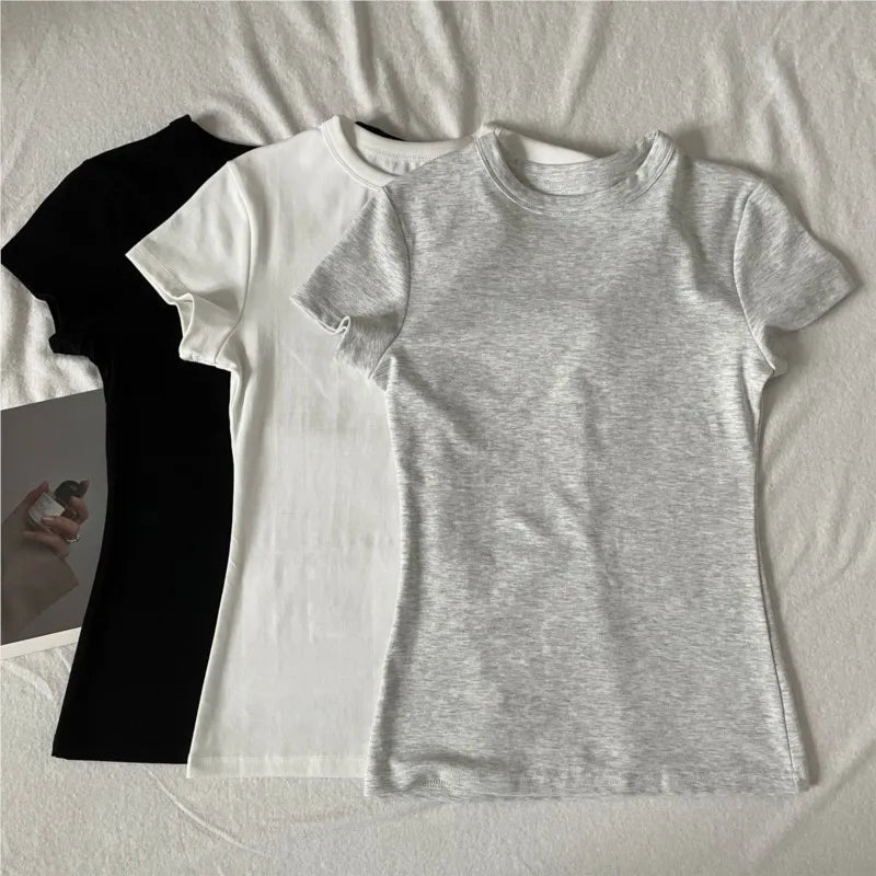 Pink O-neck Cotton T-shirts Women Summer New Streetwear Casual Basic Slim Short Sleeve Tees Simple All-match Tshirt Y2K Tops