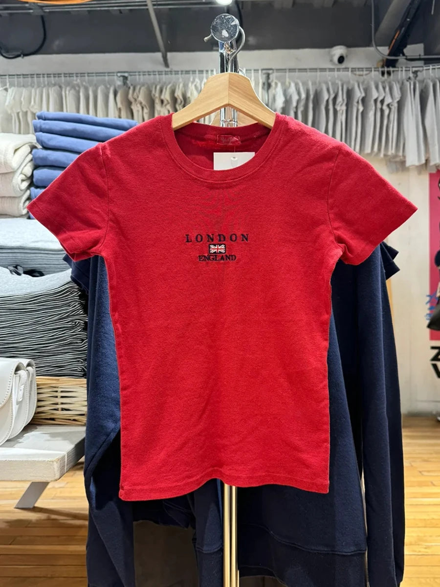 Vintage Red Letter Flag Embroidery Cotton T-shirt Women O-neck Summer Short Sleeve Tee Shirt American Slim Casual Crop Y2K Top