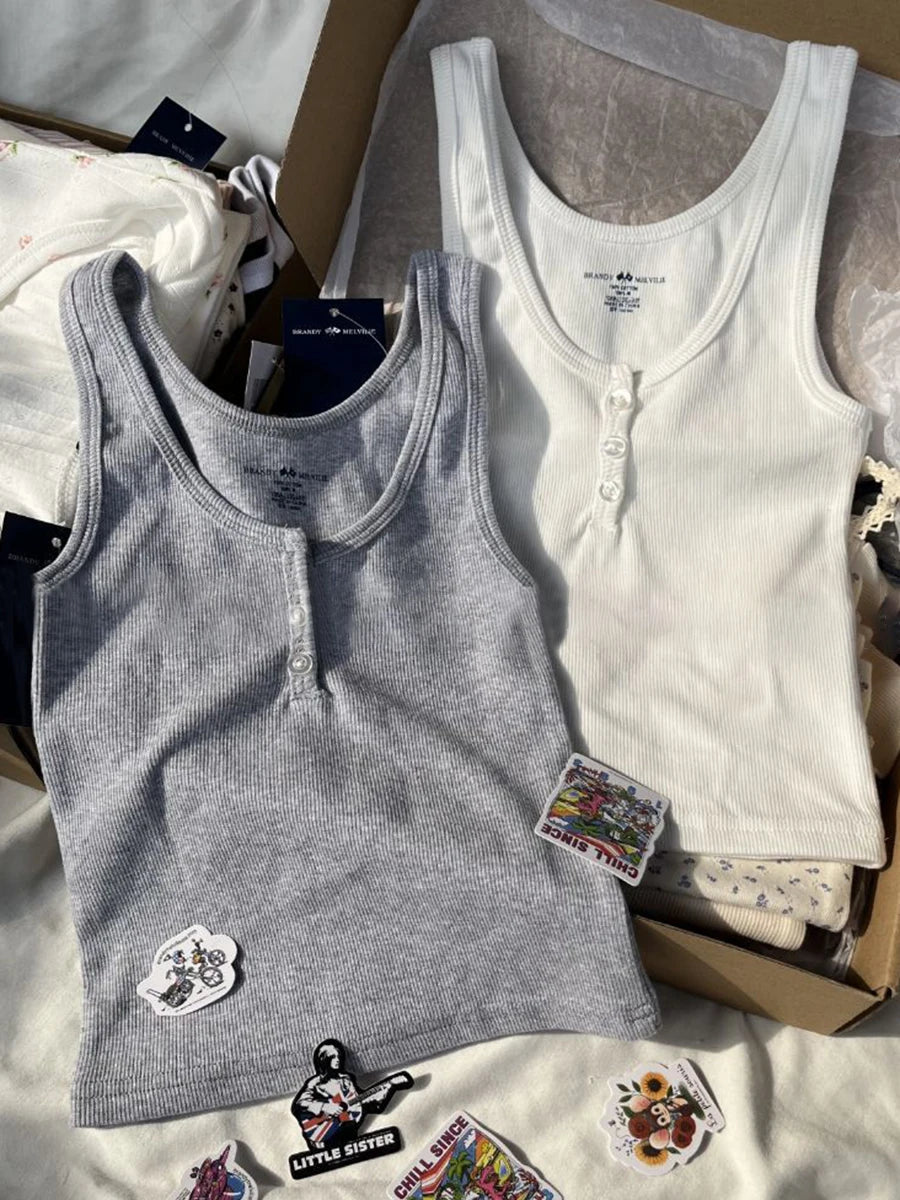 Ribbed Slim Tank Tops Woman Summer Solid Simple Cotton Three Buttons Sleeveless Top Female Casual Vintage Streetwear Y2k Vest