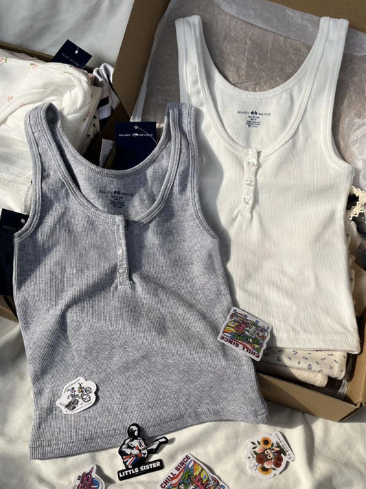 Ribbed Slim Tank Tops Woman Summer Solid Simple Cotton Three Buttons Sleeveless Top Female Casual Vintage Streetwear Y2k Vest