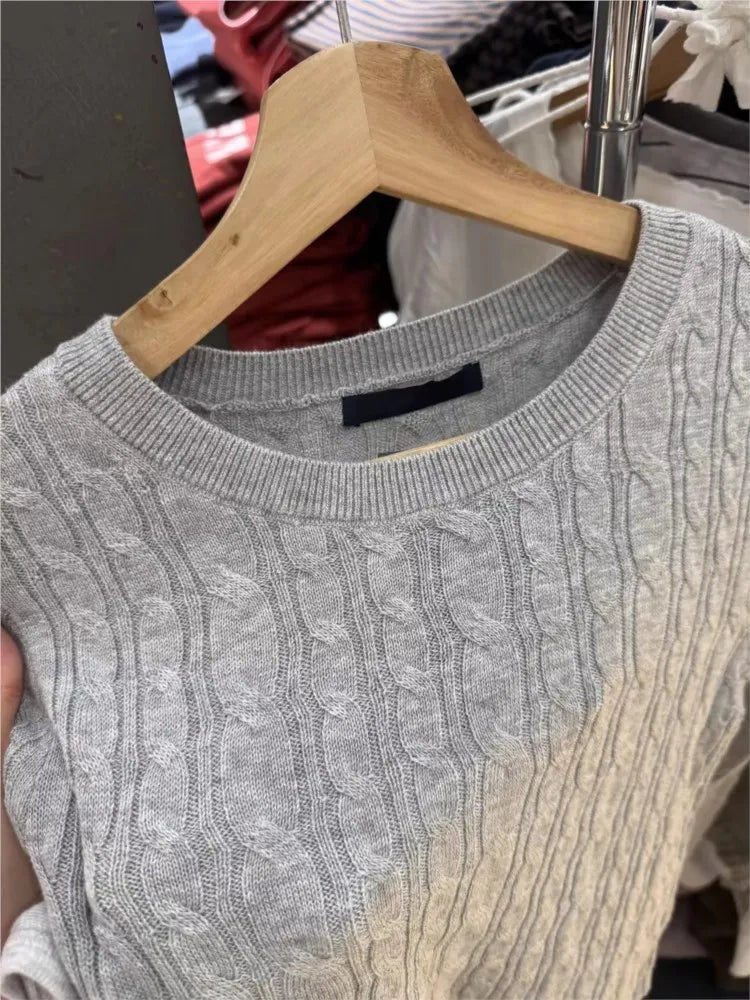 Twist Knitted Crop Tops Women Autumn Beige Casual Square Neck Slim Long Sleeve Pullover Sweet Cute Preppy Style Chic Sweaters