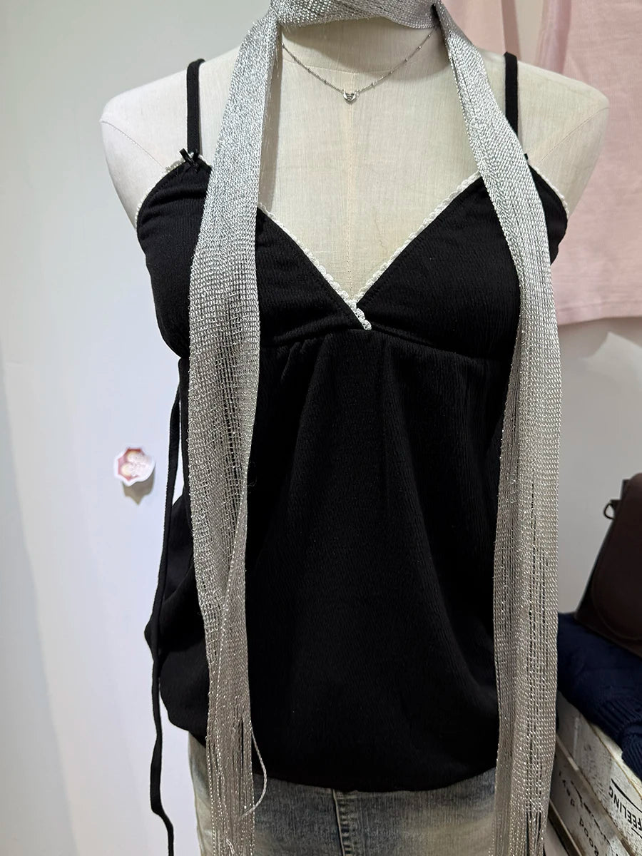 Black Harajuku Folds V-neck Bow Black Tank Tops Women Lace Trim Cotton Sleeveless Slim Cropped Camisole Vintage Sweet Crop Top